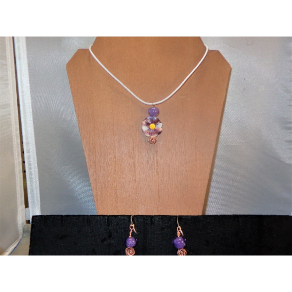 OOAK Artist Made Lampwork purple white Flower pendant on leather cord 925 copper